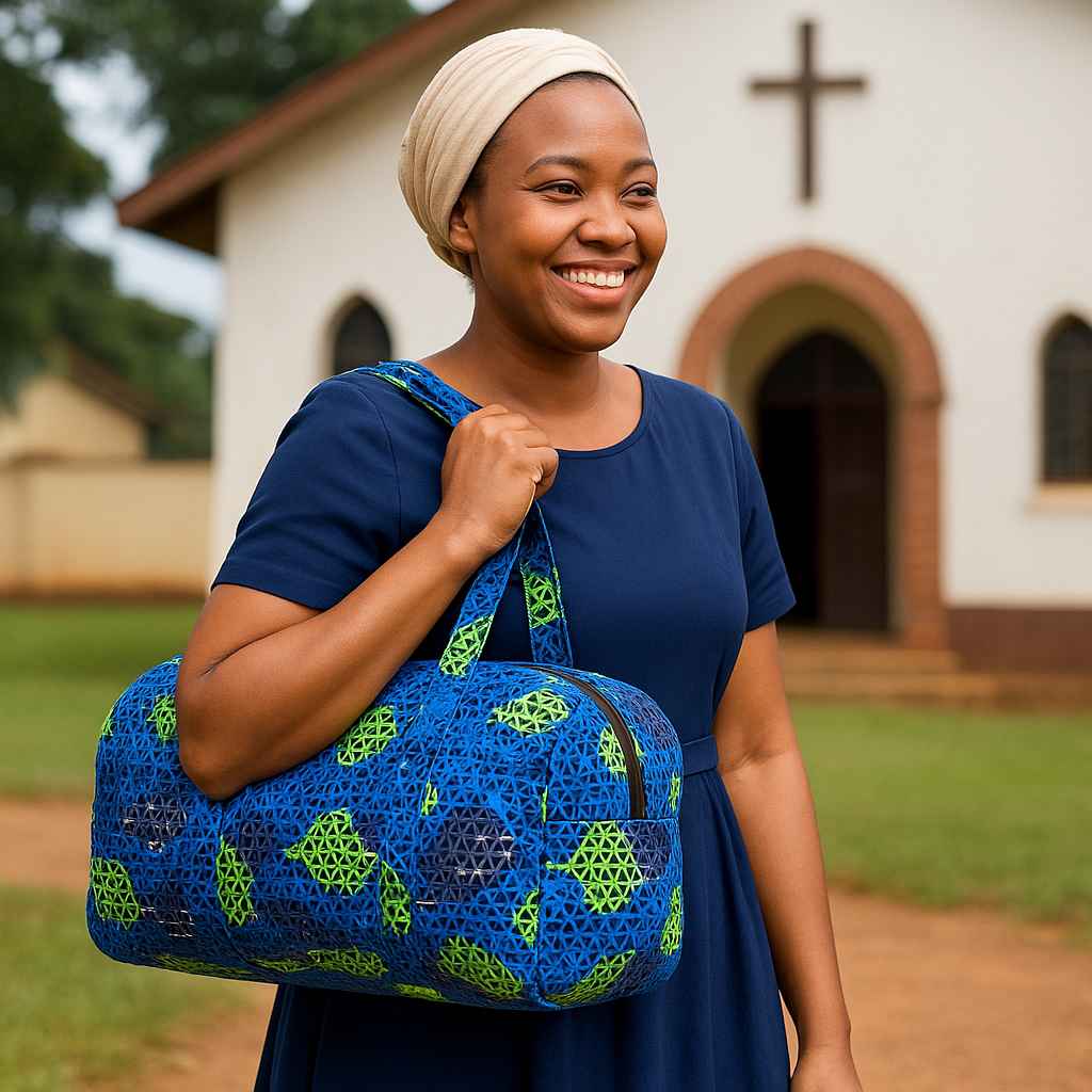 Kitenge Carry Bag – Handmade Shoulder Tote for Church or Travel Handmade kitenge carry bag in blue geometric Ugandan print