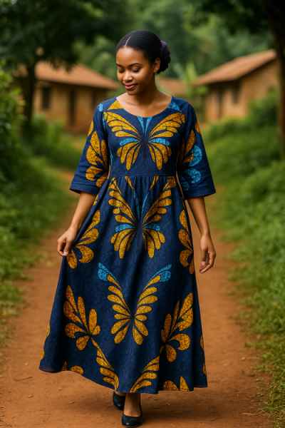 Front view of handmade Kitenge flow dress from Uganda