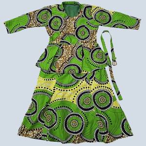 Front view of handmade Kitenge flow dress for modest women in Uganda