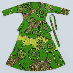 Top-down view of green kitenge peplum dress laid flat