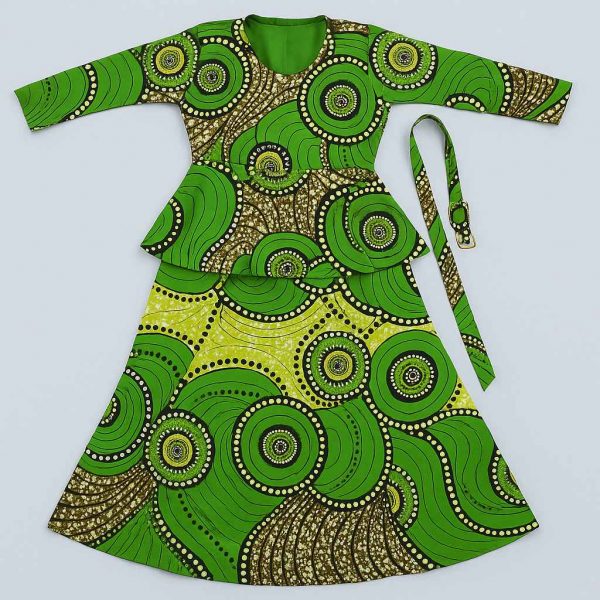 Top-down view of green kitenge peplum dress laid flat