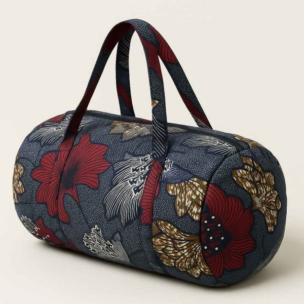 Angled view of handmade African kitenge duffle bag