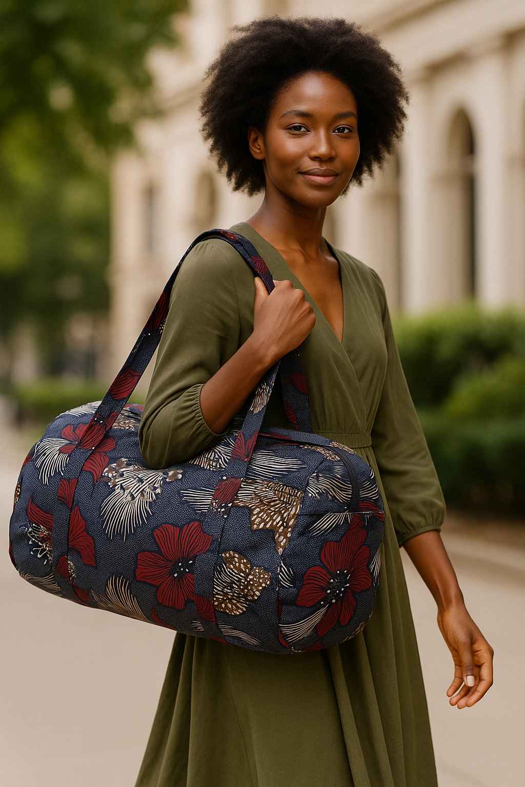 African Kitenge Duffle Bag – Handmade Travel Essential Handmade African kitenge duffle bag in red, navy, and gold patterns