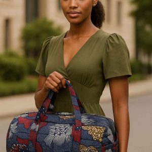 Beautiful African woman with stunning natural beauty carrying handmade kitenge duffle bag