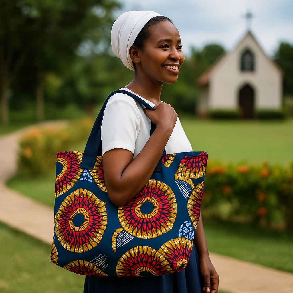 Front view of big Kitenge handbag from Uganda featuring African print and shoulder straps