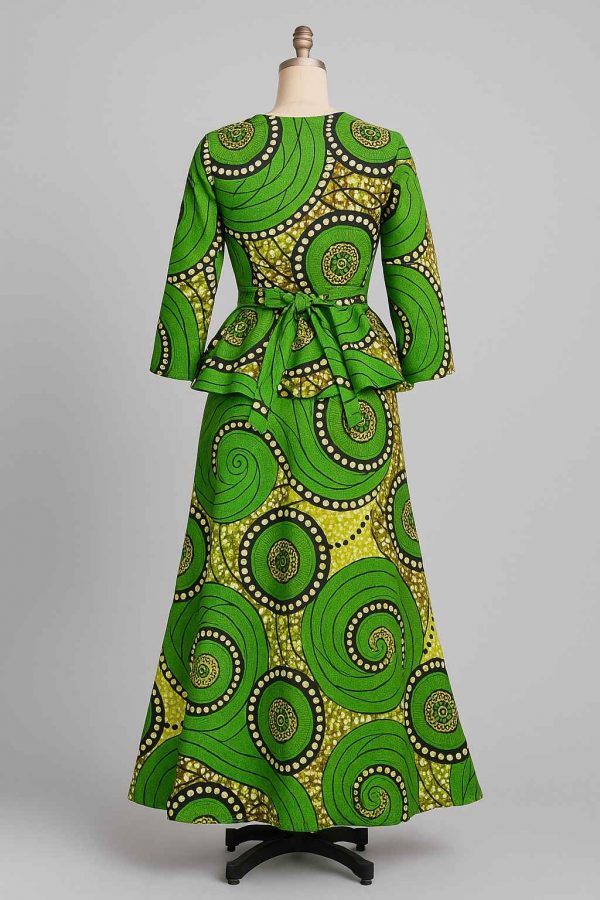 Back studio view of green kitenge peplum dress