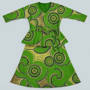 Front studio view of green kitenge peplum dress set