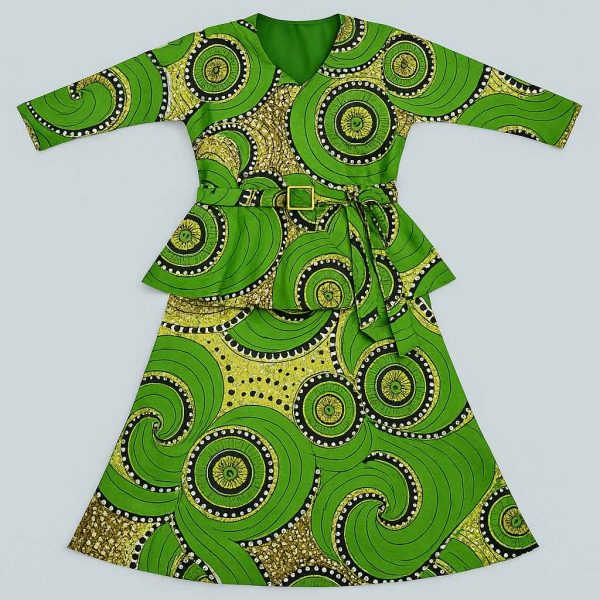 Front studio view of green kitenge peplum dress set