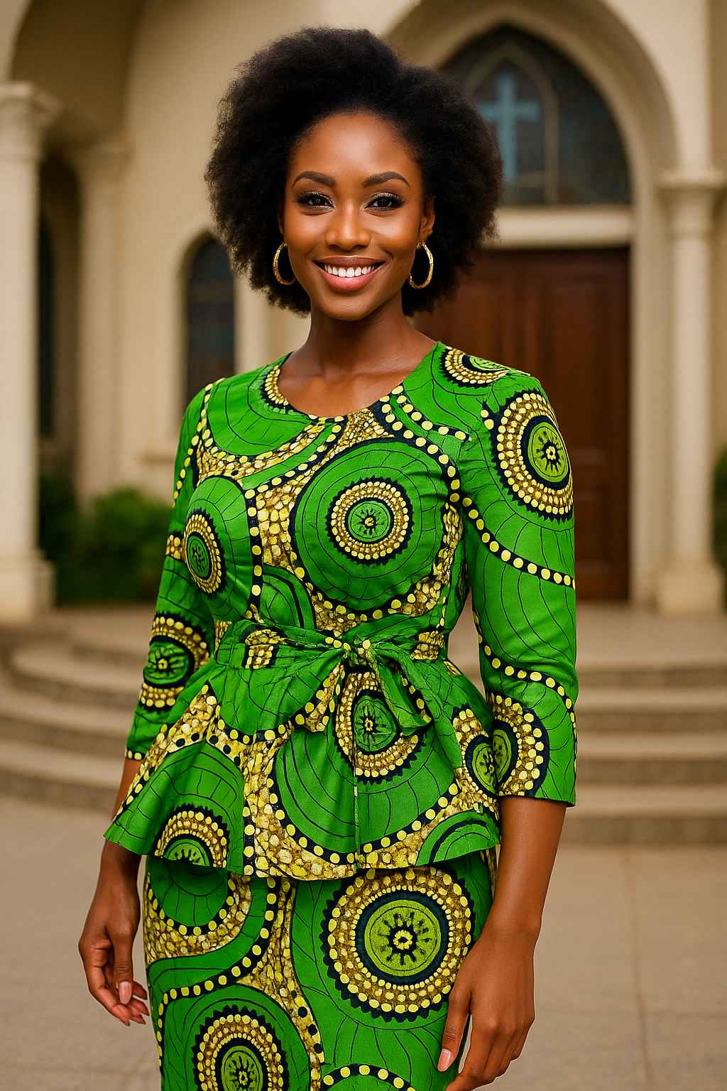 Kitenge Peplum Dress – Two-Piece Modestwear Set Woman wearing green kitenge peplum dress with belt