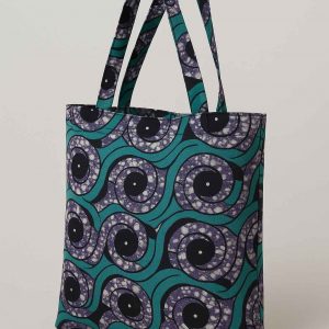 Angled view of handmade African kitenge tote bag