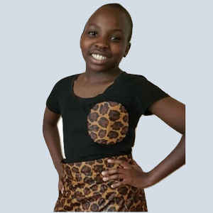 Leopard Grace Skirt and Top Set for girls with modest black blouse and leopard print skirt handmade in Uganda