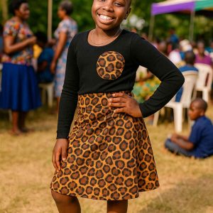 Young Ugandan girl wearing the Leopard Grace Skirt and Top Set, smiling outdoors at a joyful community celebration