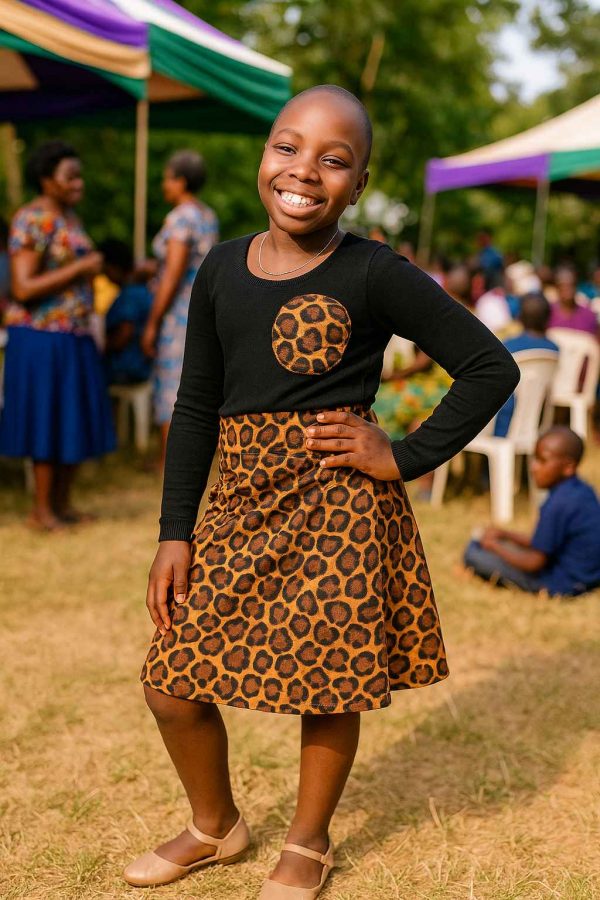 Young Ugandan girl wearing the Leopard Grace Skirt and Top Set, smiling outdoors at a joyful community celebration