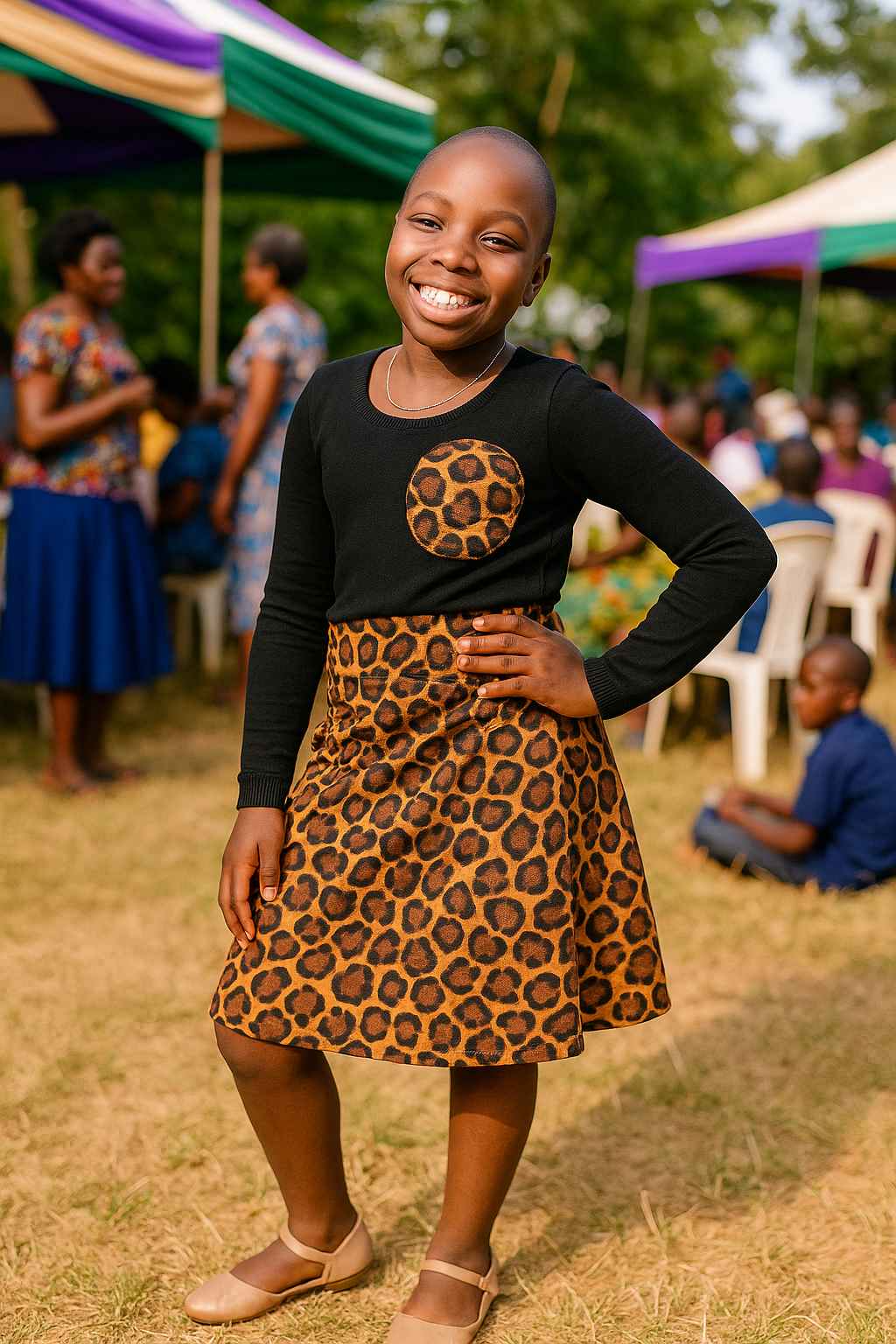 Leopard Grace Skirt and Top Set for girls with modest black blouse and leopard print skirt handmade in Uganda.