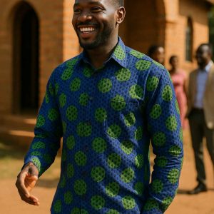 Ugandan man wearing men’s long sleeve blue and green Kitenge shirt outside church after Sunday service