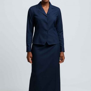 Front view of a modest navy blue two-piece office outfit worn by an elegant African woman