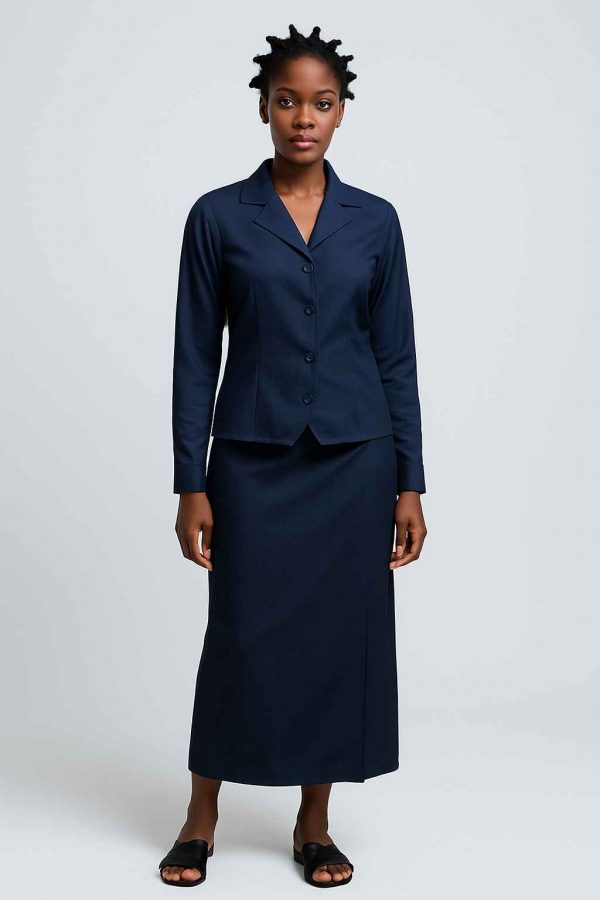 Front view of a modest navy blue two-piece office outfit worn by an elegant African woman