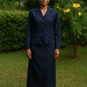 Lifestyle view of a modest two-piece office wear set in navy blue, modeled by a poised African woman