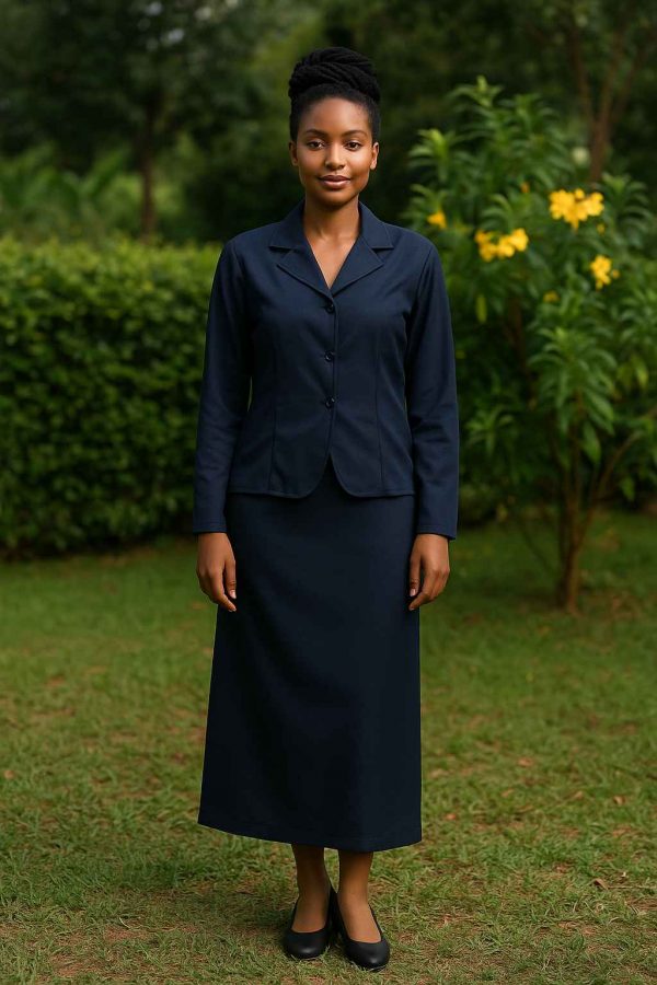 Lifestyle view of a modest two-piece office wear set in navy blue, modeled by a poised African woman