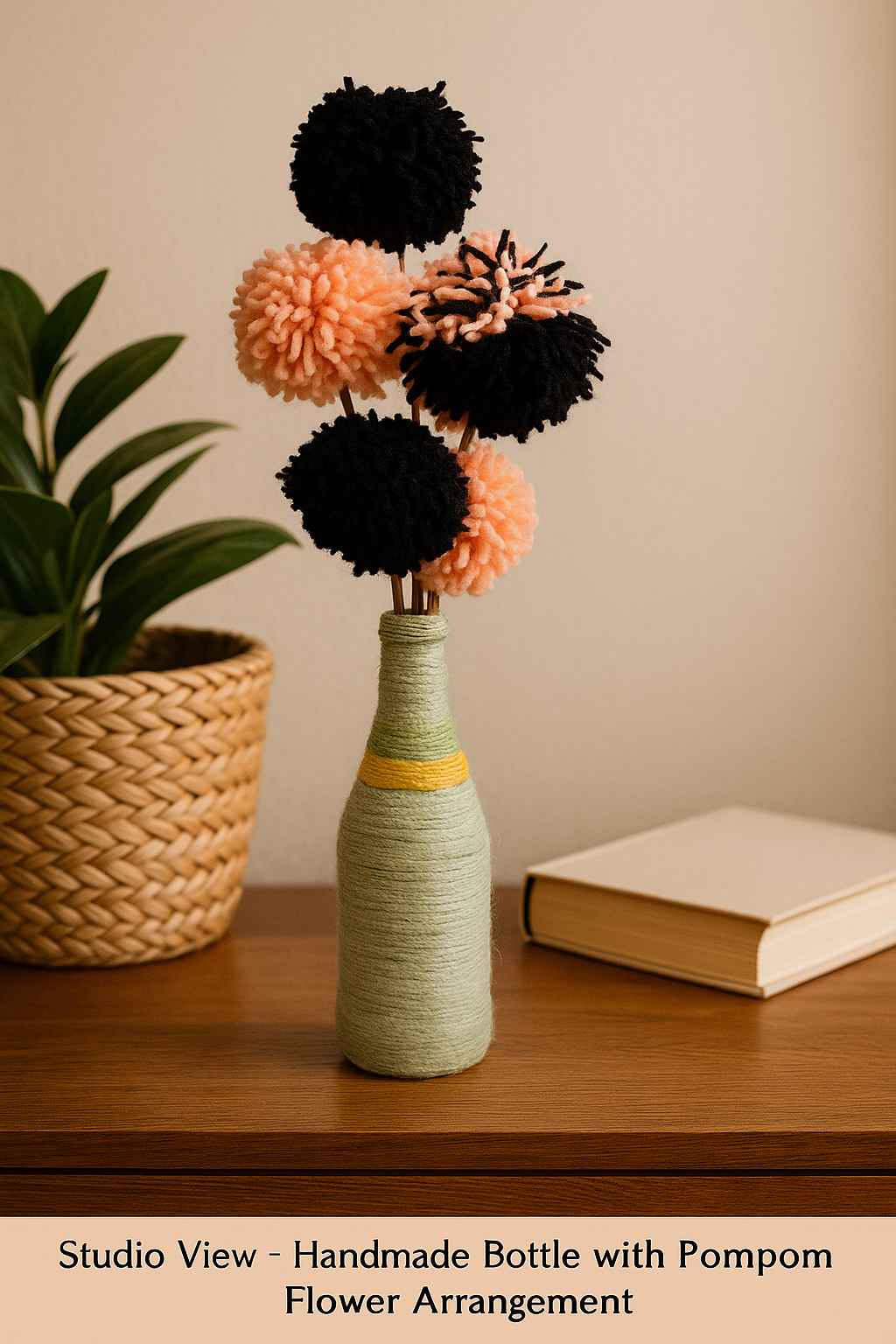 Peach pompom yarn flower stem handmade in Uganda for vase and home decor
