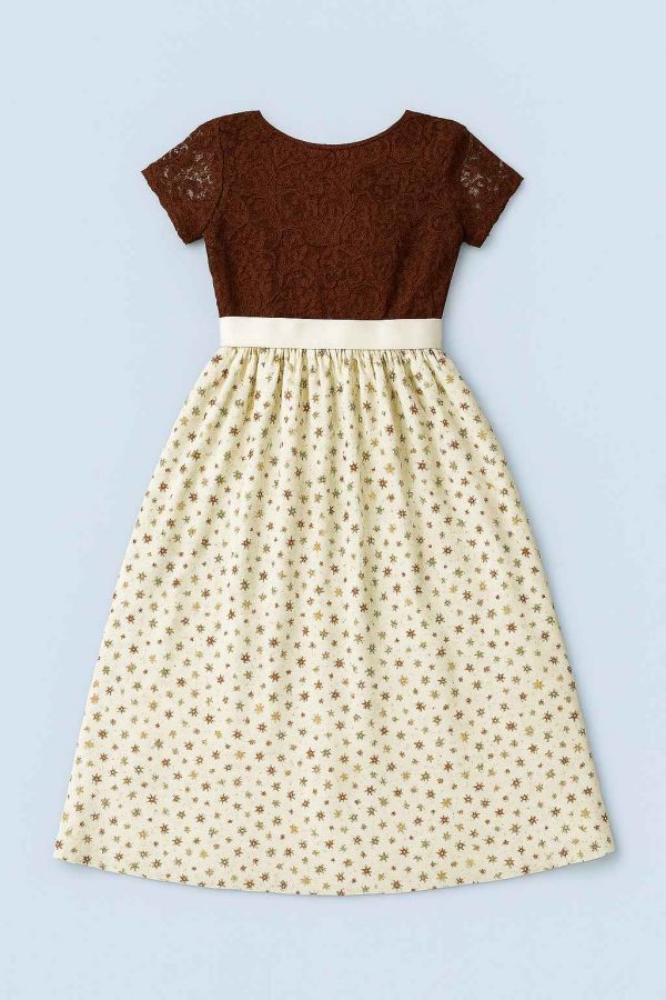 Bottom view of a short-sleeved party dress with a full printed skirt