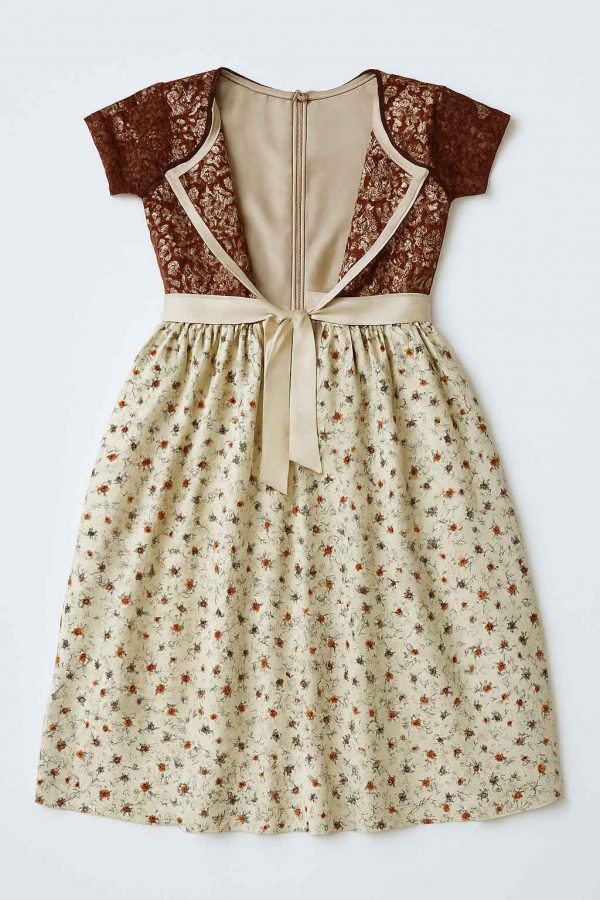 Interior view of a vibrant modest party dress showing its inner stitching and finish