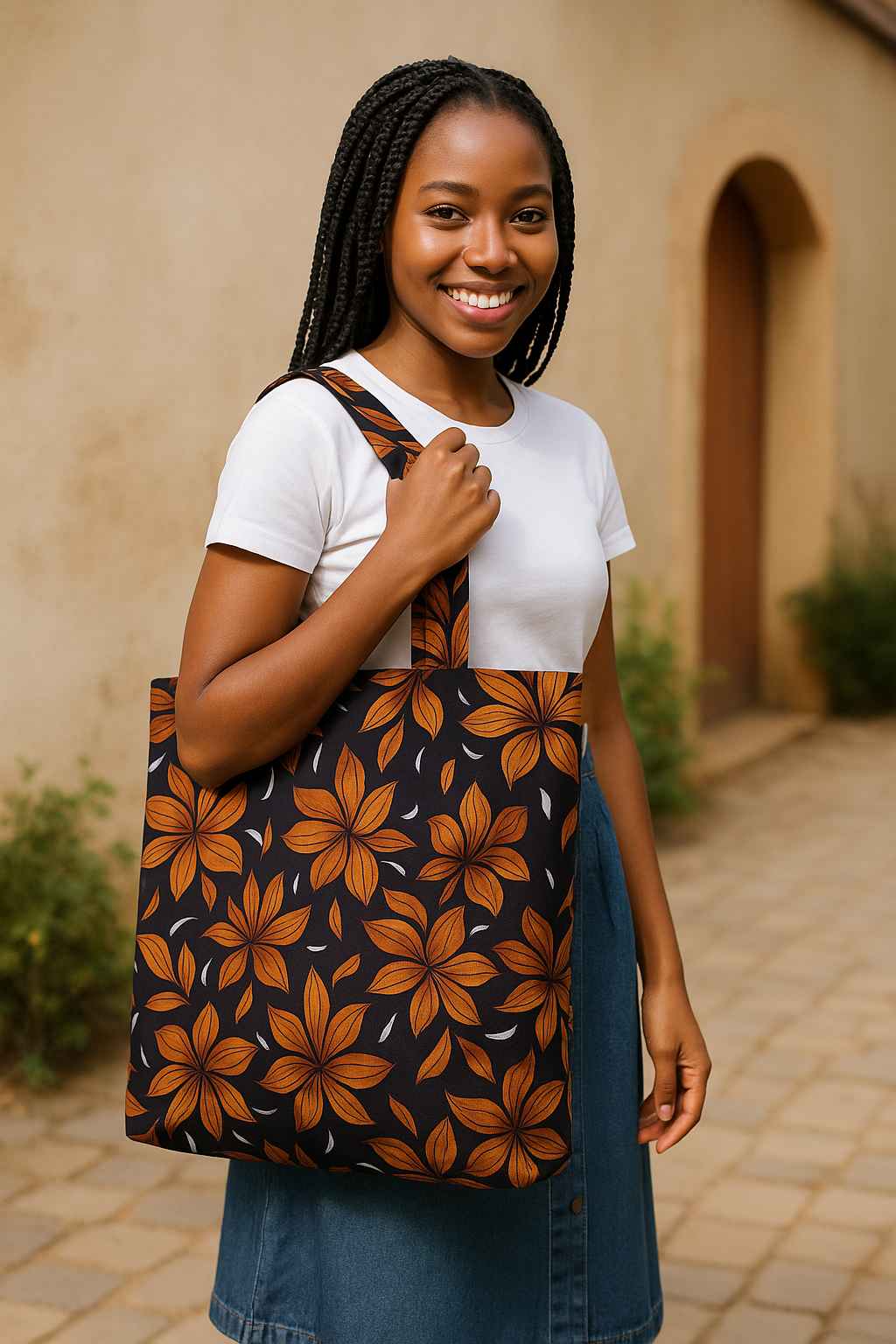 African print tote bag carried casually by a woman outdoors