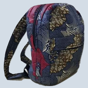 Front view of small handmade Kitenge backpack from Uganda