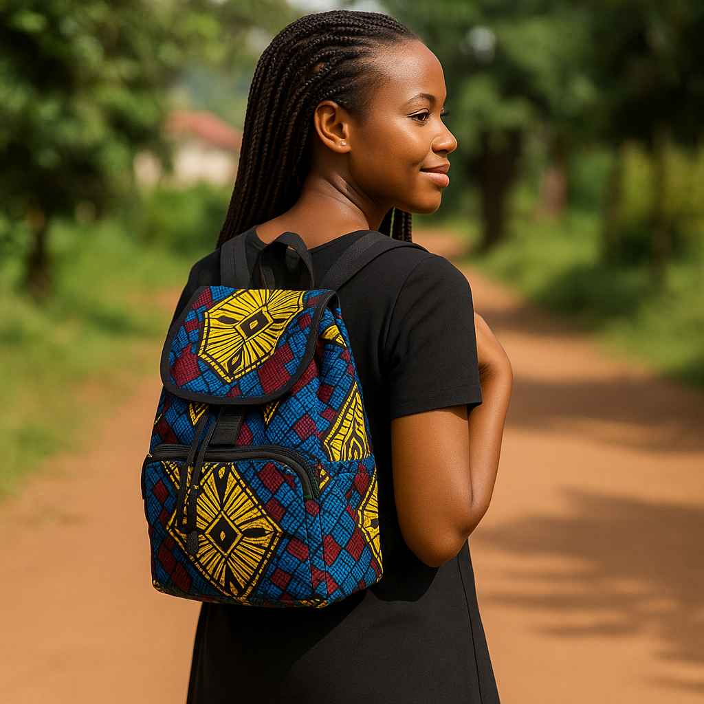 Front view of small handmade Kitenge backpack from Uganda