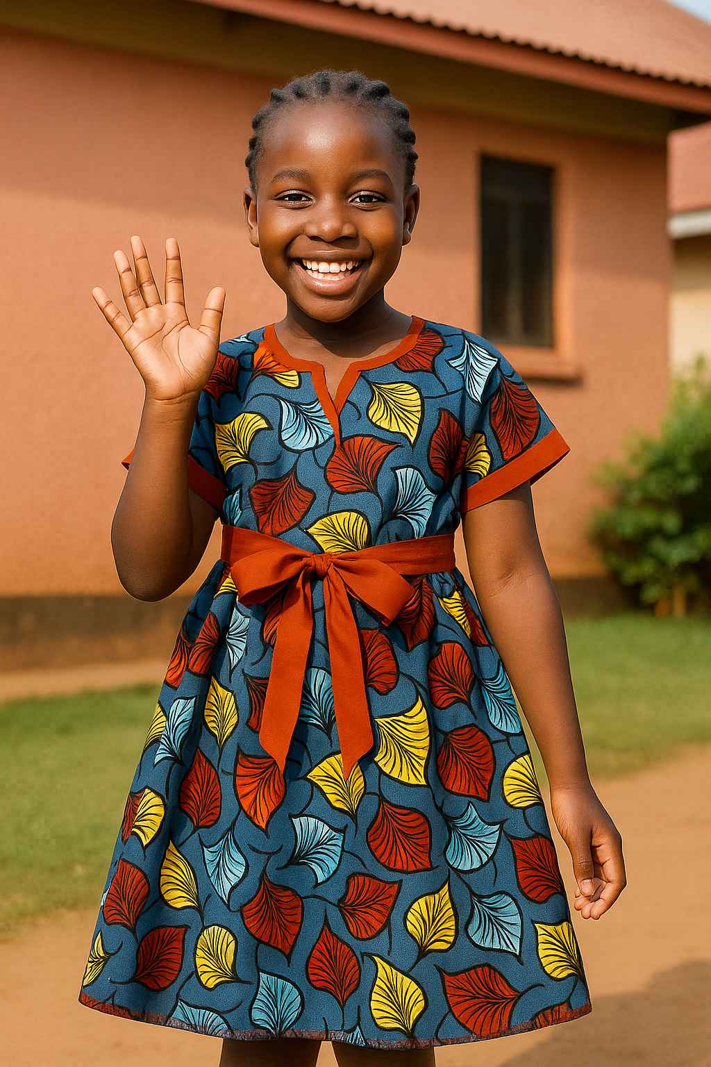 Handmade Kitenge girls’ dress with ribbon back for modest style