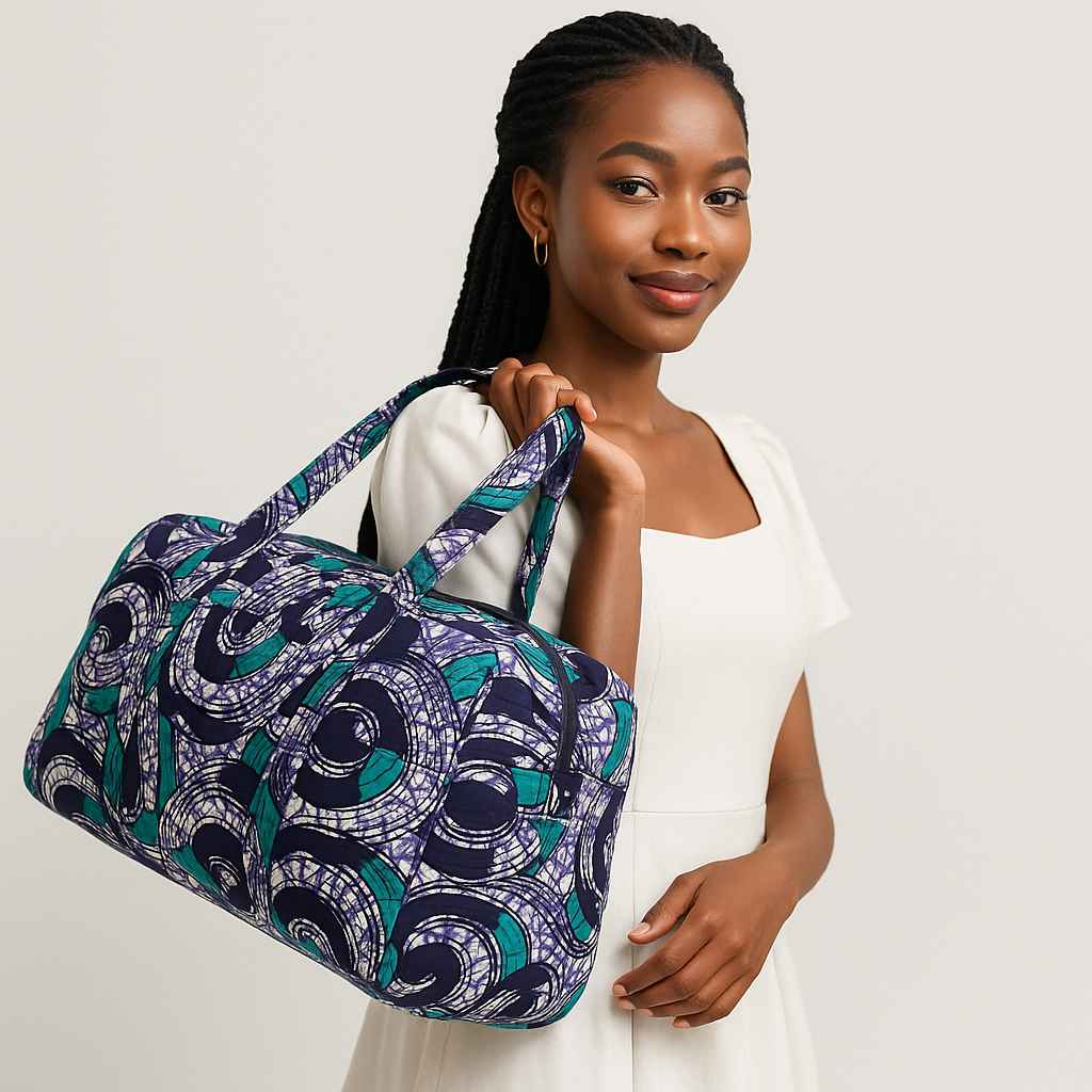 African print travel bag with vibrant patterns and sturdy handles