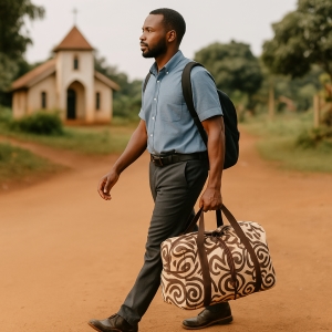 Front view of handmade travel bag from Uganda made from printed canvas