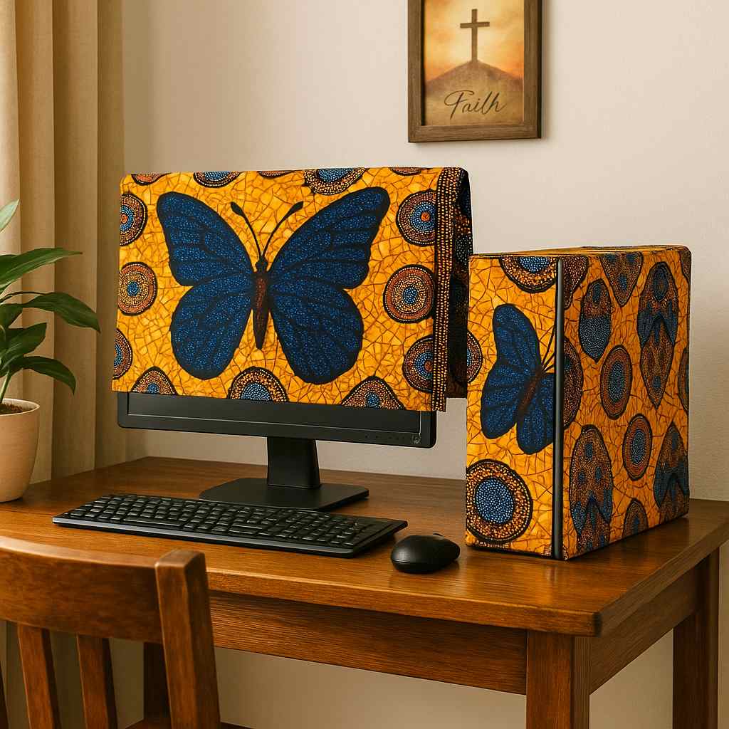Front view of handmade computer dust cover set from Uganda
