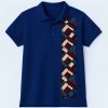 Side view of African royal blue polo shirt with kitenge stripe patch