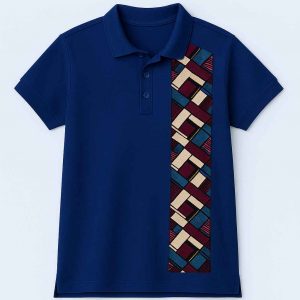 Side view of African royal blue polo shirt with kitenge stripe patch