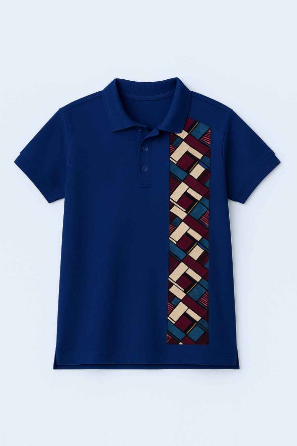 Side view of African royal blue polo shirt with kitenge stripe patch
