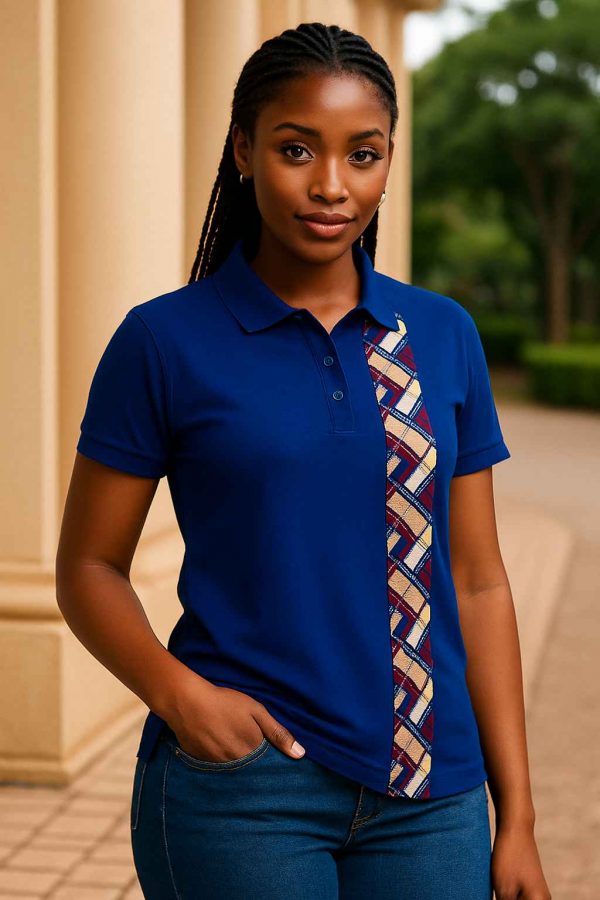 Stylish African woman wearing a royal blue T-shirt with kitenge stripe patch