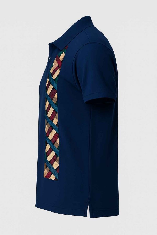 Left side view of navy blue polo shirt with kitenge stripe patch
