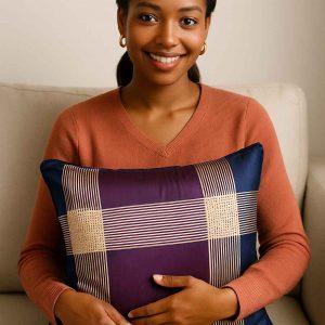A young African woman sits comfortably with a decorative throw pillow on her lap in a cozy, modern living space