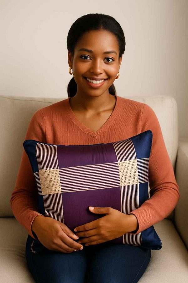 A young African woman sits comfortably with a decorative throw pillow on her lap in a cozy, modern living space