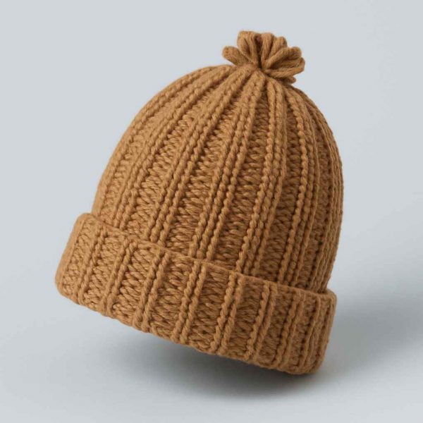 Angled view of handmade ribbed knit hat