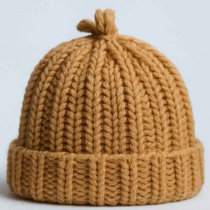Close-up of handmade ribbed knit hat stitches