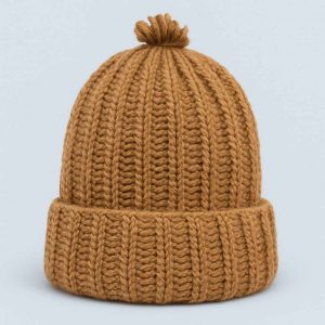 Front view of handmade ribbed knit hat
