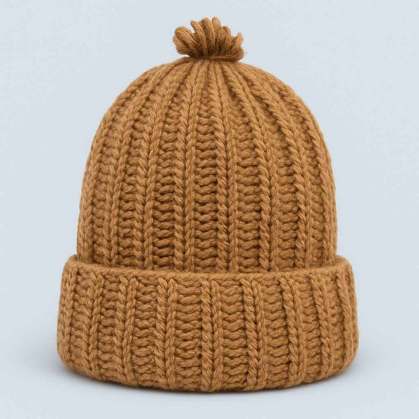 Front view of handmade ribbed knit hat