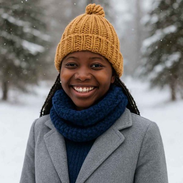 Ugandan woman wearing handmade ribbed knit hat