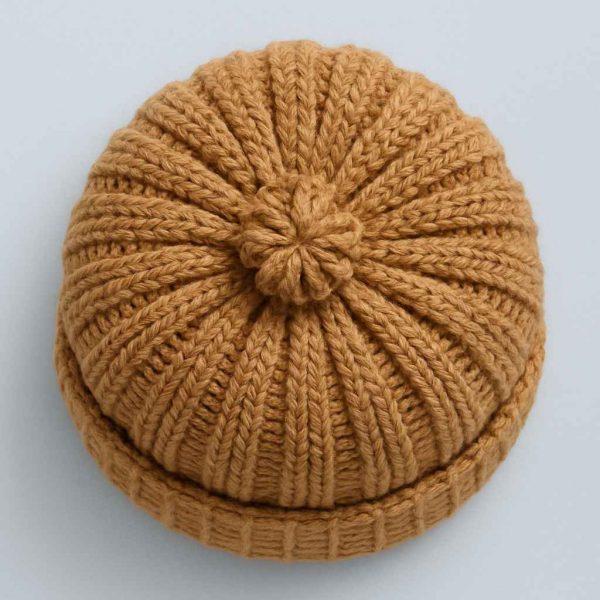 Top-down view of handmade ribbed knit hat