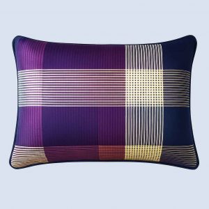 Front view of a stylish striped decorative pillow in deep purple and cream tones