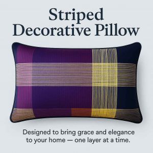Promotional image of striped decorative pillow with text “Striped Decorative Pillow” above and a design slogan below