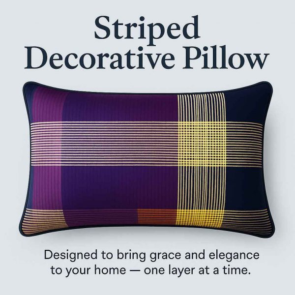 Promotional image of striped decorative pillow with text “Striped Decorative Pillow” above and a design slogan below