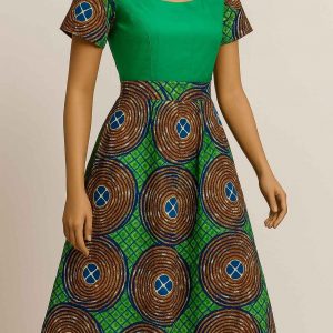 Angled view of African Kitenge modest flare dress